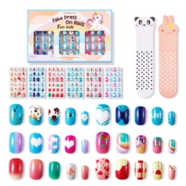 Modelones 144Pcs 6 Pack Kids Acrylic Fake Nails Press on Pre-glue Full Cover Glitter Gradient Color Cartoon Cat Collection Short False Nail Art Kits Sets Great Valentines Day Gift for Kids