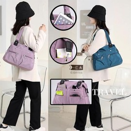 Large Capacity Waterproof Multi Pocket Shoulder Bag, Lightweight Nylon Tote Bag with Zipper (Green)