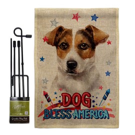 Patriotic Russell Terrier Burlap Garden Flag Set with Stand Animals Dog Puppy Spoiled Paw Canine Fur Pet Nature Farm Animal Creature Small Gift Yard House Banner Double-Sided Made In USA 13 X 18.5