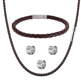 ZENGSING Men's Learner Bracelet Faux Leather Necklace Cuff Leather Braided Bracelet Braided Leather Chain with Clasp Stainless Steel Press Stud Men's Fashion Jewellery for Men Women, Leather, No