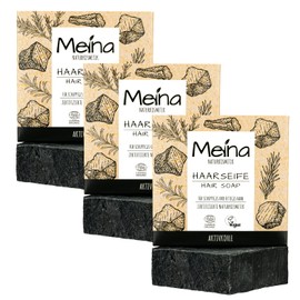 Meina Natural Cosmetics Black Organic Hair Soap Against Dandruff and Oily Hair with Activated Carbon, Certified, Vegan, Sustainable, Handmade, Plastic-Free, Without Palm Oil, Like a Solid Shampoo - 80 g