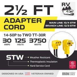 Iron Forge Cable RV Cord, Generator and RV Electrical Adapter Power Cord, 14-50P Male Plug to Two TT-30R Female, 2.5 Ft Plug Adapter - 10/4 STW Yellow