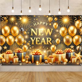 BlissYard Black Gold Happy New Year Backdrop Happy New Year Banner New Year Eve Party Decorations Supplies Photo Booth Backdrop Background Banner for 2025 Party Decoration 71X43