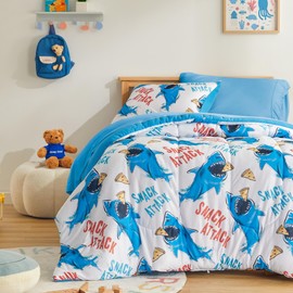 SLEEP ZONE Jersey Knit 2-Piece Twin Size Comforter Set, Blue Shark Design for Boys, Skin-Friendly and Breathable, Super Soft, Durable, Comfortable Kids Bedding Set（Sharks, Twin）