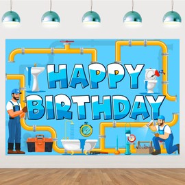 SHADOAMP Plumber Party Decorations Plumber Theme Happy Birthday Backdrop Banner 5 * 3ft Plumbing Background Photography Decoration for Repairman Themed Birthday Party Supplies