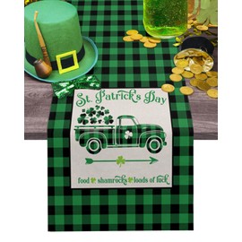St. Patrick's Day Table Runners Cotton Linen Farm Buffalo Plaid Truck Shamrock Clover Non-Slip Spring Holiday Decorations for Kitchen ,Home ,Dining ,Outdoor 14X72 Inches Long s Green Black