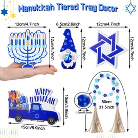 5 Pieces Hanukkah Tiered Tray Decor Set includes Rustic Happy Hanukkah Truck Gnome Hexagram Menorah Mini Wood Sign Wood Bead Tassel Garland for Chanukah Gifts Farmhouse Holiday Home Table Decoration