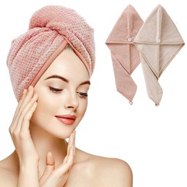 Drying Hair Towel Wrap, Microfiber Fast Dry Hair Towels Turban with Button 2pieces Soft Super Absorbent Bath Shower Hair Cap