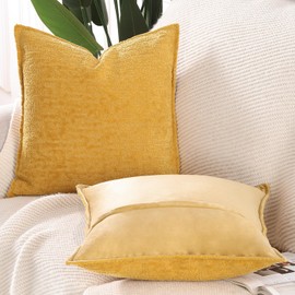 Madizz Juego de 2 Suave Chenilla Decorativo Funda de cojíns de Terciopelo con Borde Neutras Fundas de Almohada Boho para Sofá Dormitorio Salón Amarillo Mostaza Cuadrado 50 x 50 cm