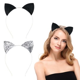 Cat Ears Headband, 2 Pieces Cat Ears, Glitter Cat Ears, Cat Ears, Headband Children, Cat Ears, Women, Catwoman Ears, Black Cat Ears, Cat Ears, for Cosplay, Carnival, Costume Party (A)