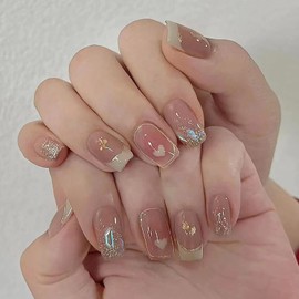 French Press on Nails Medium Love Heart and Glitter Powder Design French False Nails Artificial Acrylic Coffin Nails Full Cover Square Fake Nails Nature Fit Stick on Nails Glue on Nails for Women