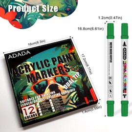 ADADA 12 Colors Acrylic Paint Markers, Dual Tip Acrylic Paint Pens with Fine Tip & Brush Tip and 40% Additional Ink for Wood, Rocks, Canvas, Paper, Colouring Books, Fabric, Glass, DIY Crafts