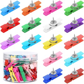 SANNIX 50Pcs Wooden Push Pin Clips,Wooden Clips with Thumb Tacks for Bulletin Board Cork Board Decorations and School Office Craft Photo Note Calendar Crafts Arts Projects Photo Supplies(Multicolor)