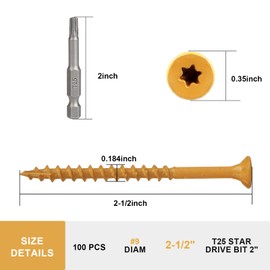 Fmjdnls Wood Screws 2-1/2 Inch, #9×2-1/2" Deck Screws, 100 Pcs Tan Rust Resistant Epoxy Coated Outdoor Decking Screws, Torx/Star Drive Head Decking Screws, T25 Star Bit Included, for Timber, Fence