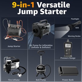 Lehwey Portable Jump Starter with Air Compressor - 12V Car Battery Jumper Starter Box 5500A (All Gas/12L Diesel) 9-in-1 with Air Blower, 150PSI Tire Inflator, 3-Mode Emergency Flashlight, LCD Display