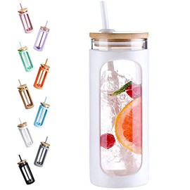 Kodrine 20oz Glass Water Tumble with Straw and Lid,Bamboo Lids Water Bottle, Iced Coffee Cup Reusable, Wide Mouth Smoothie Cups, Straw Silicone Protective Sleeve BPA FREE-White