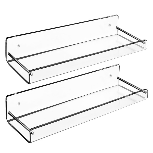 AMT 2 Pack Acrylic Floating Shelves, 15" L x 4" W, Clear Bathroom Wall, Bookshelves, Invisible Display for Office, Bedroom, Small Gap Allows Water to Escape, Free Screws & Drill Bit (L- New Model)