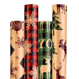 Christmas Wrapping Paper (4 Rolls: 148 sq. ft. ttl) - Red/Green and Black Plaid Grid Patterns, Stockings Snowflakes Pine Tree and Reindeer - Holiday Kraft Gift Paper 30 inches x 14.8 feet Per Roll