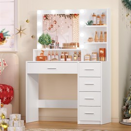 FIONESO Makeup Vanity Desk with Mirror, 10 Lights, 5 Drawers, 3 Storage Shelves, 3 Color Modes & Adjustable Brightness Dressing Table, 35.4” Desk, White