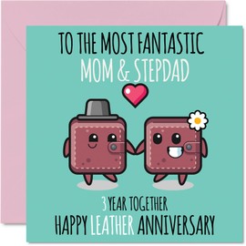 Cute Leather Anniversary Card for Mom & Step Dad - 3 Years Together - Happy 3rd Wedding Anniversary Cards for Step Dad Mom, 5.7 x 5.7 Inch Greeting Cards for Third Anniversaries