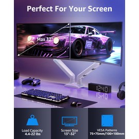 Dual Monitor Mount for 13-32 inch Screens, Gas Spring Monitor Stand for 2 Monitor, Full Adjustable Monitor Desk Mount with C-Clamp＆Grommet Base, Each Arm Holds Max 22 lbs, Freelift Pro White