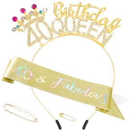 AHONEY 40th Birthday Queen Headbands for Women, 40 & Fabulous Birthday Sash and 40th Birthday Tiara Set, 40th Birthday Decorations Birthday Gifts for Women Party Favors (Gold)