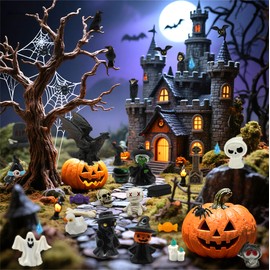 Tardigrade 50pcs Mini Halloween Figurines, Halloween Miniatures for Decorations, Mini Figures Ghost Pumpkin Skull, Spooky Party Favor Bag Fillers, Dollhouse & Garden Decor