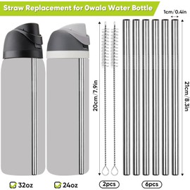 6 PCS Metal Replacement Straws for Owala Water Bottle 24 oz 32 oz, Reusable Stainless Steel Straws with 2 Cleaning Brush Compatible with Owala Water Bottle