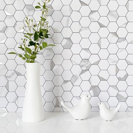 DICOFUN 10-Sheet Hexagon Tile Peel and Stick Backsplash, White Marble Look PVC Mixed Silver Metal Mosaic Tiles for Kitchen and Bathroom
