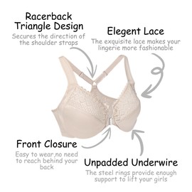 Cortelay Women's Front Closure Racerback Bra Underwire Full Coverage Unpadded Lace Everyday Bra Plus Size for Large Bust Beige 36C