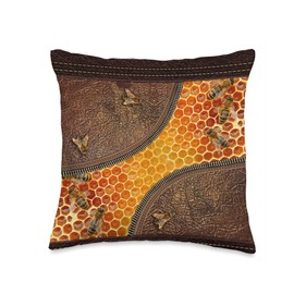 Honey Bee Lea-ther Zipper Pattern Beehives Throw Pillow