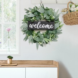 Dremisland Wreath for Front Door 18" Green Eucalyptus Wreath -Farmhouse Welcome Sign Festival Ornaments Home Decor | Ideal Spring & Summer Decorating for Home Front Door and Window Outdoor(Black)