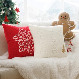Phantoscope Pack of 2 Christmas Blessing Throw Pillow Covers, Teddy & Faux Rabbit Fur Embroidered Christmas Pillows, Pine Tree & Snowflake Xmas Pillowcases, Red, 18 x 18 inch