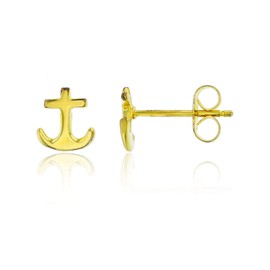 Yellow Gold Plated 925 Sterling Silver Polished Sea Anchor Stud Earrings for Women | 7.7mm