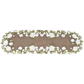 Beautiful White Magnolia Floral Design and Green Leaves Embroidered Cutwork Edges on Brown Polyester Linen, Table Runner, Table Centerpiece, Dresser Scarf, Coffee Table Runner, Scarf (14Wx51.5L)