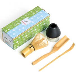TEANAGOO Japanese Matcha Ceremony Accessory, Matcha Whisk (Chasen), Traditional Scoop (Chashaku), Tea Spoon, Matte Black Whisk Holder,I4, The Perfect Set to Prepare a Traditional Cup of Matcha.