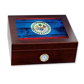 ExpressItBest Premium Desktop Humidor - Glass Top - Flag of Belize (Belizean) - Wood Design - Cedar lined with humidifier & front mounted hygrometer.