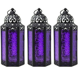 VELA LANTERNS 10.5" Moroccan Lamp Lantern Decorative Candle Holder for Indoor Outdoor Home Decor, Patio, Weddings, Ramadan Decorations, Black Metal, Purple Glass, Medium, Set of 3