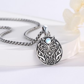 Wolf Pendant Necklace 925 Sterling Silver with Moonstone, Vintage Celtic Viking Amulet Jewelry for Women & Men, 22mm Round Pendant, 20+2 Inch Chain