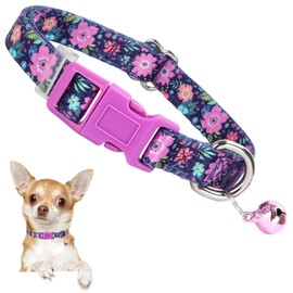 Floral Small Dog Collar with Bell - Ultra-Soft Kitten-Safe Collar for Tiny Dogs, Adjustable Flower Pattern Nylon Collar for Chihuahua Pomeranian Kittens S