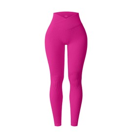 YOAKUKA Yoga Ribbed Leggings for Women High Waisted Tummy Control Seamless Butt Lifting Crossover Workout Gym Athletic Pants Rose