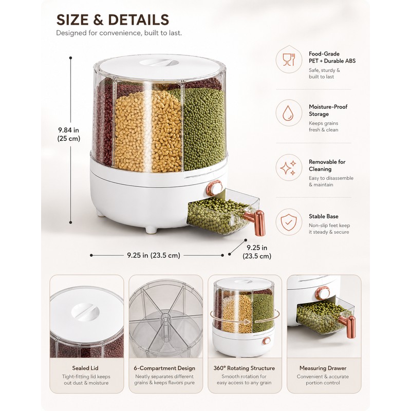 6-Compartment Rotating Grain Dispenser for Kitchen Storage – 360° Dry