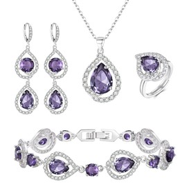 Ever Faith Prom Pear Shaped Cubic Zirconia Jewellery Set, February Birthstone Created Gemstone Pendant Necklace Dangle Earrings Tennis Bracelet Open Ring Set for Women Purple Silver-Tone