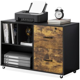 Topeakmart Vintage Lateral Filing Cabinet Mobile Letter Size A4 Size File Cabinet with 2 Drawers and 4 Open Storage Compartments, Mobile Printer Stand for Home and Office Black/Rustic Brown