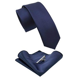 RBOCOTT 2.4" Navy Blue Skinny Tie and Pocket Square with Tie Clip Sets for Men(6cm)