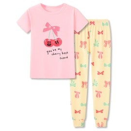 Topgal Cotton Kids Pajamas Short Sleeves Pant Sung Fit Summer Sleepwear for Girl Pink Cherry Bows 2 PC Pjs Set Size 7