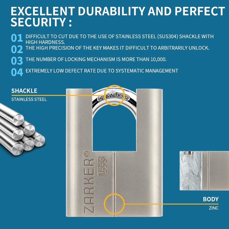 Zarker J55S keyed Alike Padlocks, Heavy Duty Stainless Steel Shackle