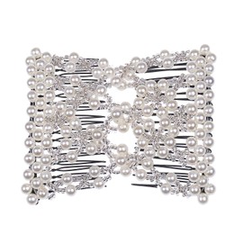 Ruihfas Delicate Women Girls Easy Stretch Pearls Combs Beaded Hair Comb Jewelry Double Clips (White)