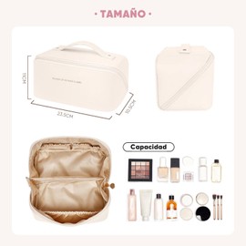 Bolsa de Cosmeticos de Viaje Cosmetiquera para Maquillaje Neceser de Viaje Impermeable Makeup Bag Organizador Portátil de Tocador con Múltiples Compartimentos y Asa Bolsa de Aseo para Mujer Beige