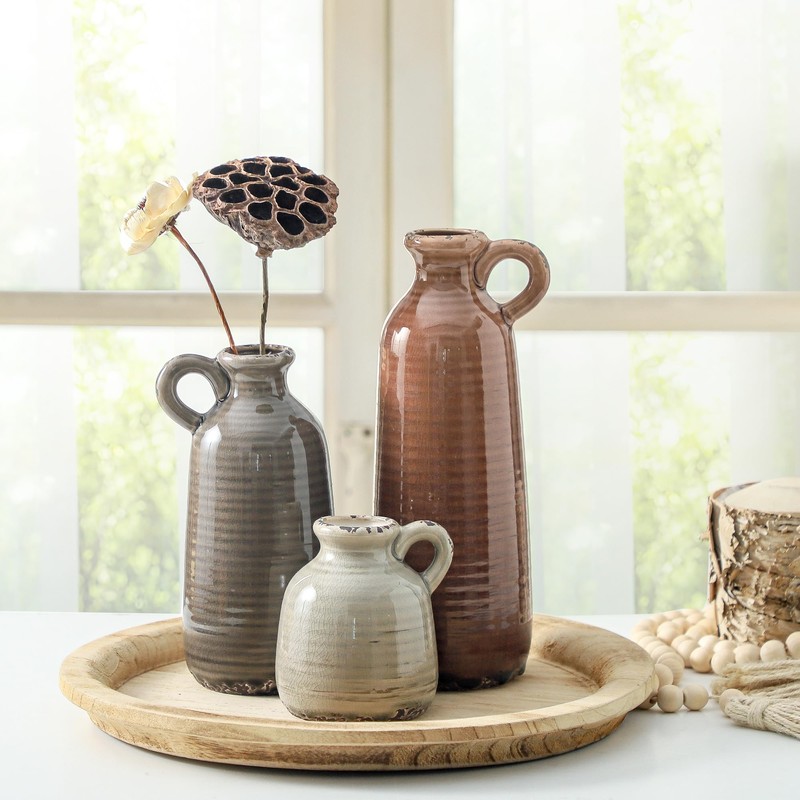 Ceramic Vases Set of 3, Neutral Rustic Farmhouse Vase with